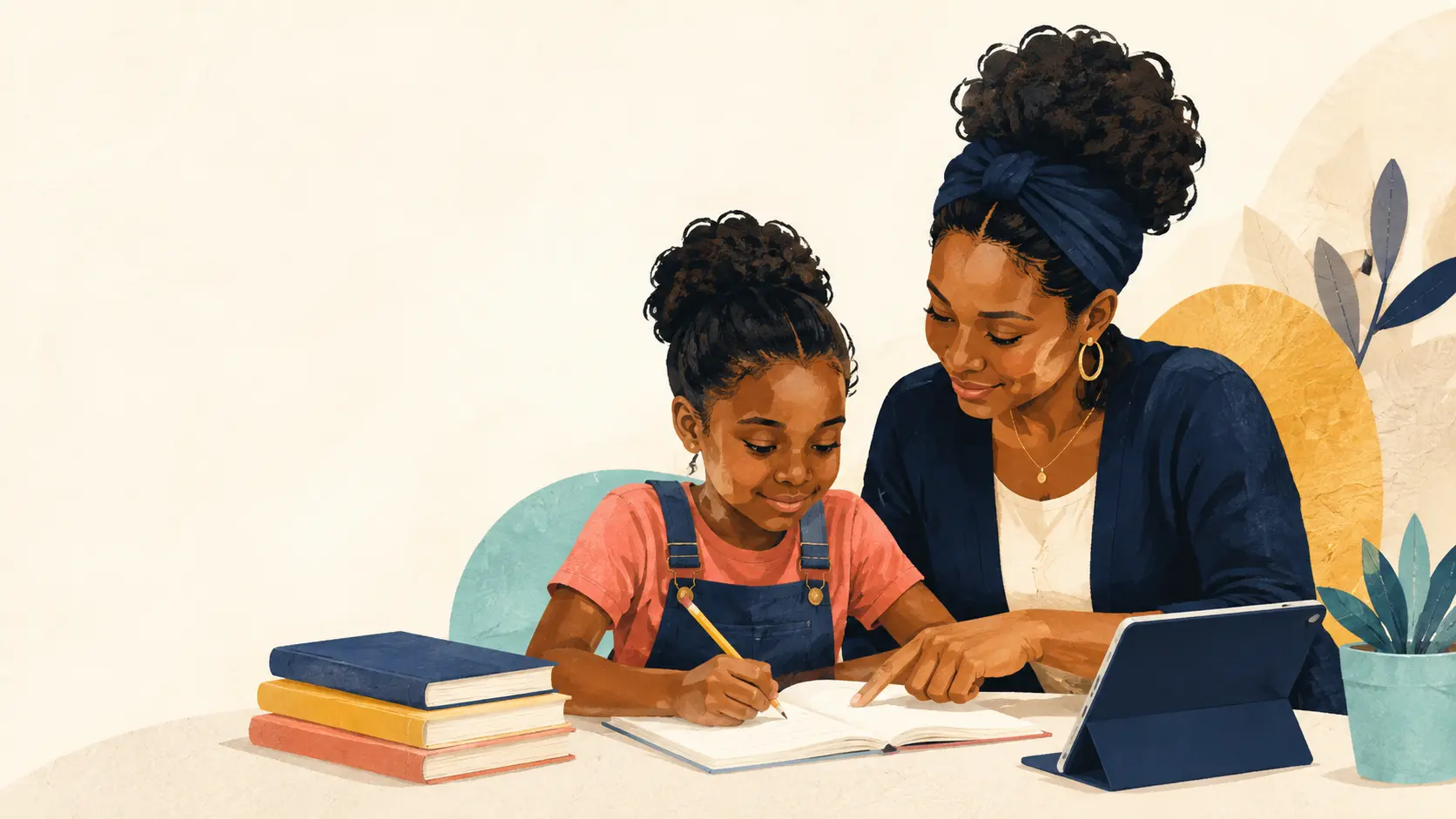 A caring educator guiding a confident young learner through personalized schoolwork